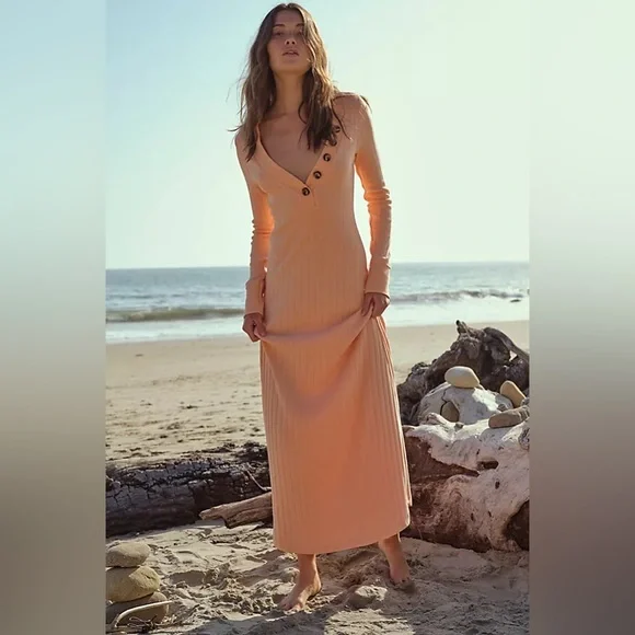 Free People | Dresses | Free People Beach Sunflower Ribbed Cotton Henley  Maxi Dress | Poshmark